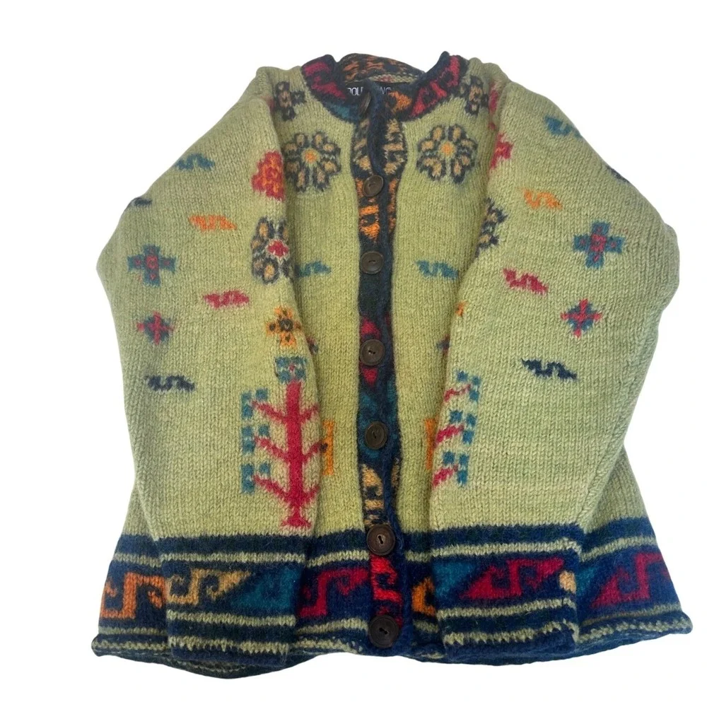 Bolder World Womens Wool Cardigan Sweater Green Southwestern Pattern Nepal Small